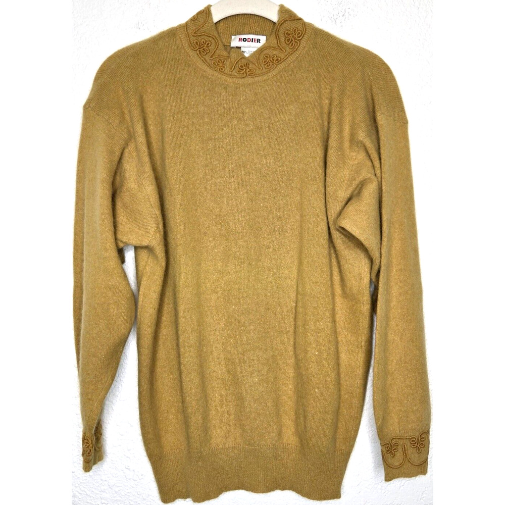 Vintage Rodier Sweater Small Mustard Yellow Angora Wool‎ Embroidered French Girl